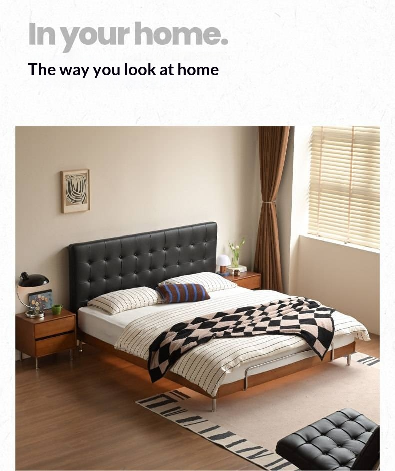 Tulipwood Solid Wood Bed — Bauhaus Style with Soft Genuine Leather Headboard