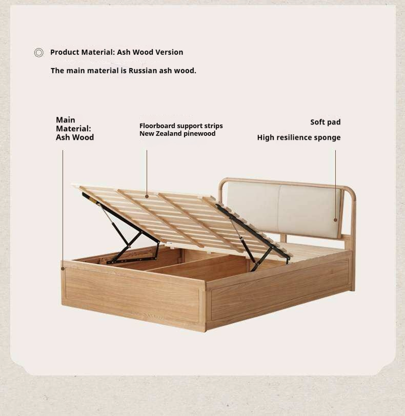 Ash Solid Wood Floor Bed — Modern Minimalist, High Box Design with Genuine Leather