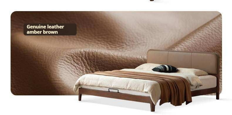 Oak, RubberWood Solid Wood Bed with Modern Minimalist Genuine Leather Technology Fabric, Upholstery
