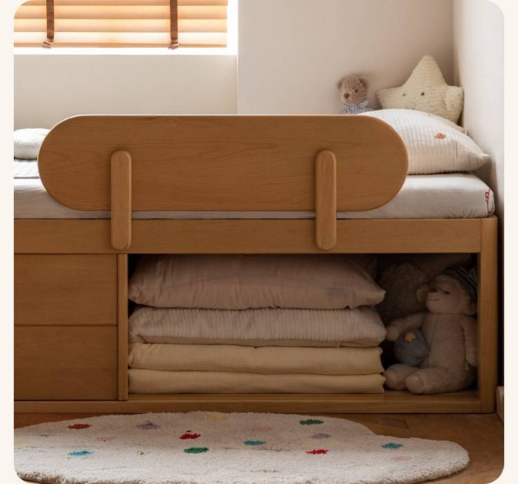 Beech, Rubberwood Solid Wood Kids’ Bed with Guardrail, Platform Bed, Headboard-Free Bed