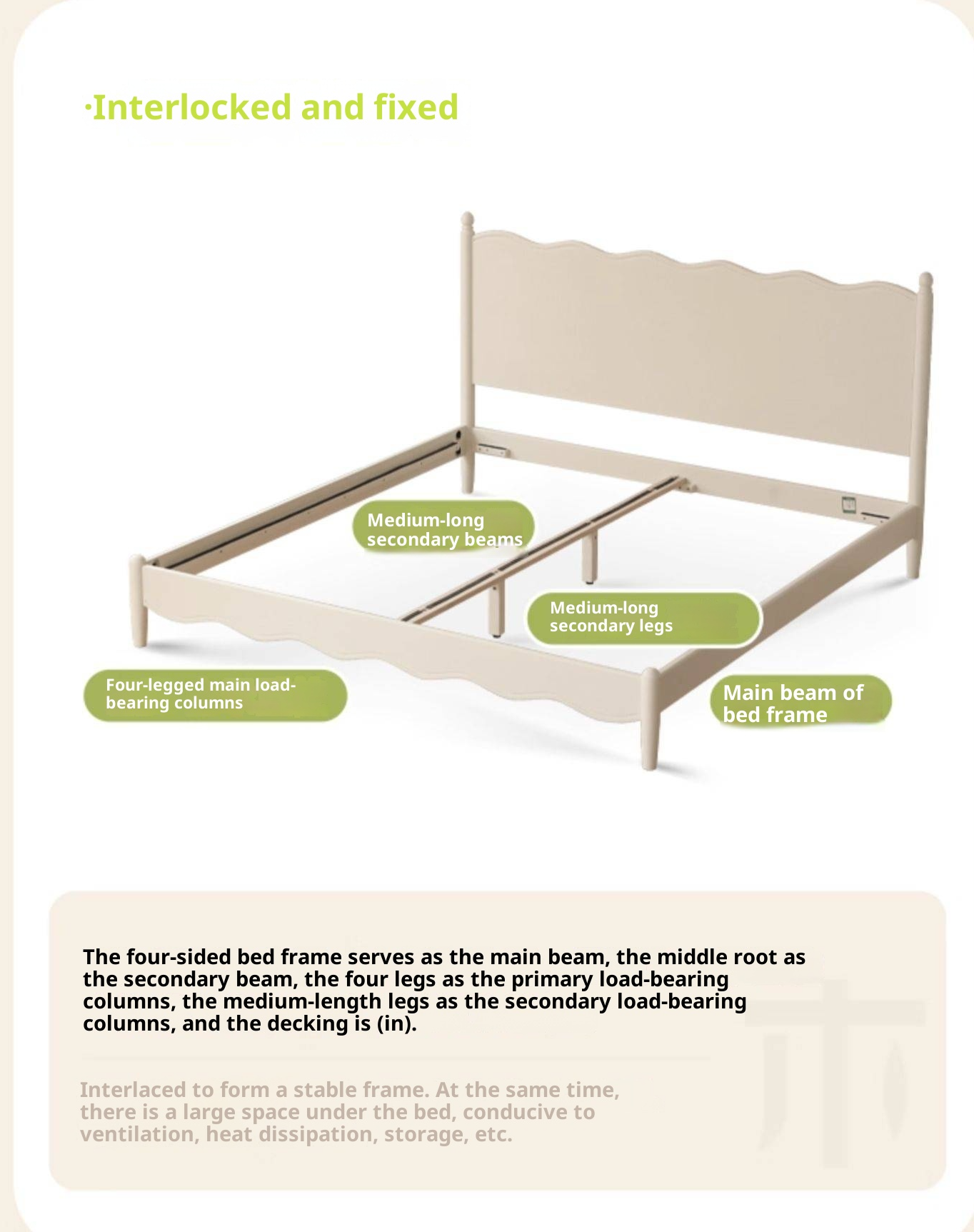 Rubberwood Solid Wood Bed, French Cream Style