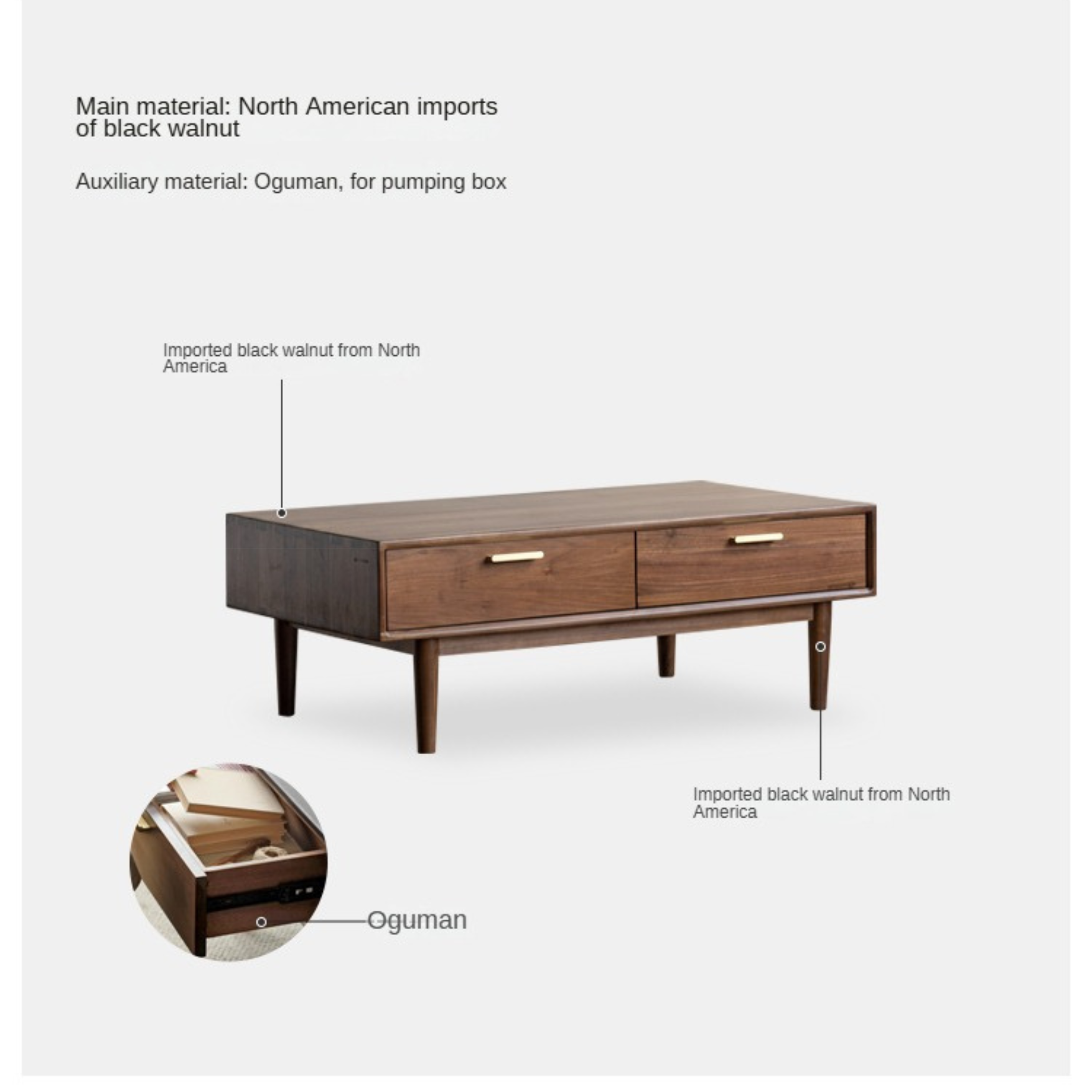 Black Walnut Solid Wood Storage Rock Plate Coffee Table