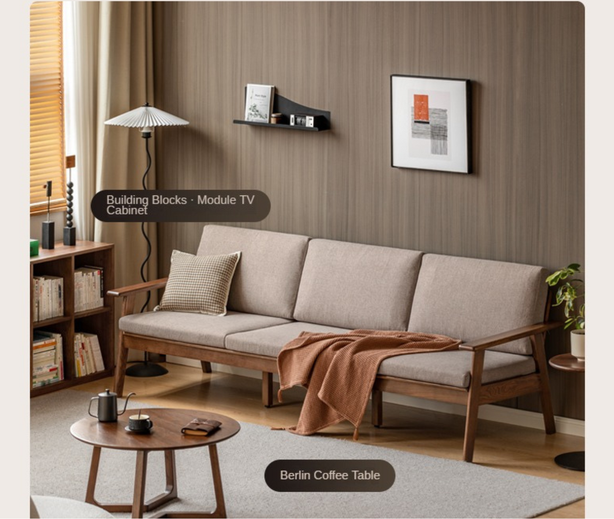 Oak, Pine Solid Wood Slat Back Sofa with Exposed Wood Frame