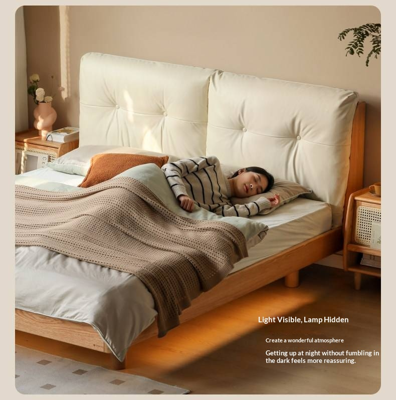 Oak Solid Wood Bed — Modern Minimalist, Genuine Leather Upholstered, Floating Design with Light