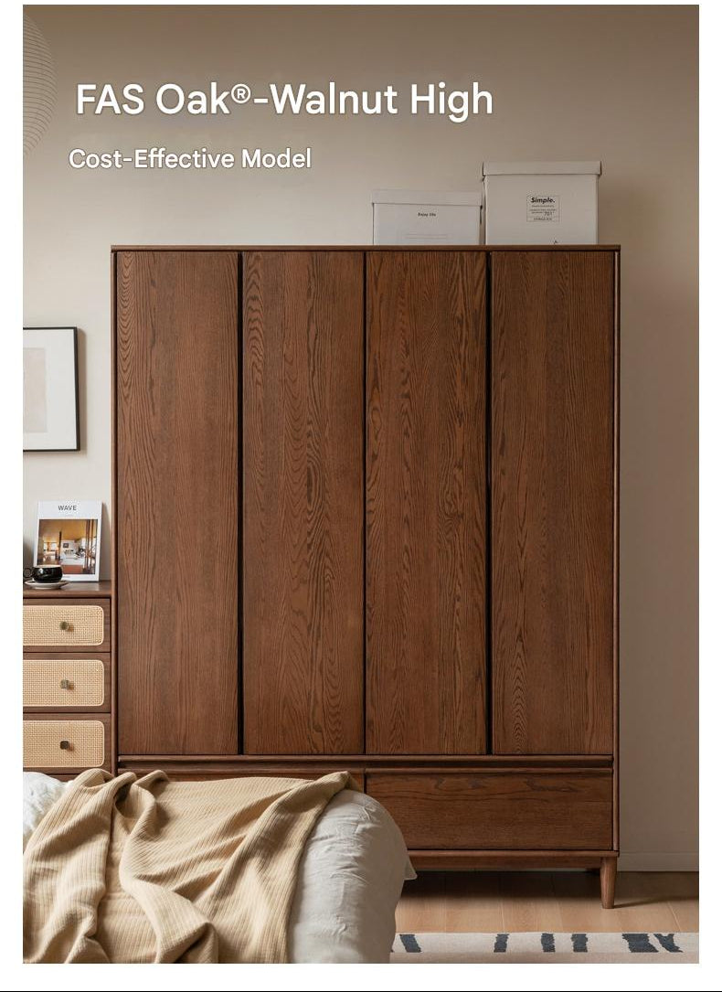 Oak Solid Wood Wardrobe Armoire with Hidden Groove Pulls and Raised Legs