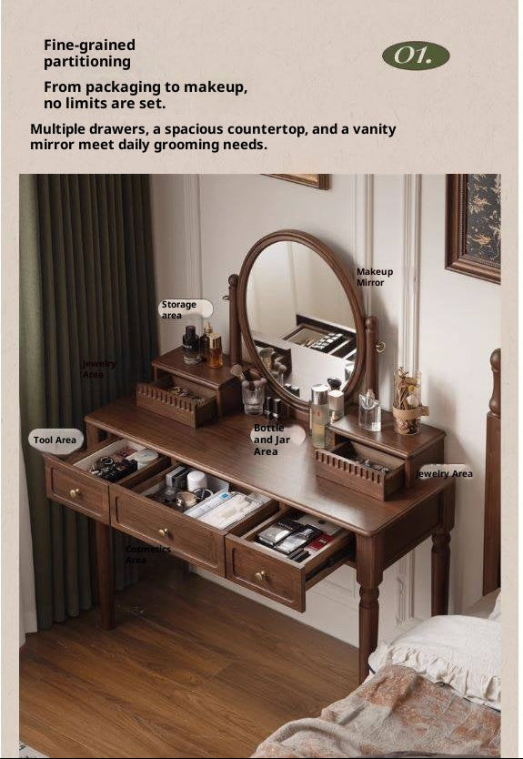 Black Walnut, Tulipwood Solid Wood Retro Style Vanity Table With Built-In Mirror