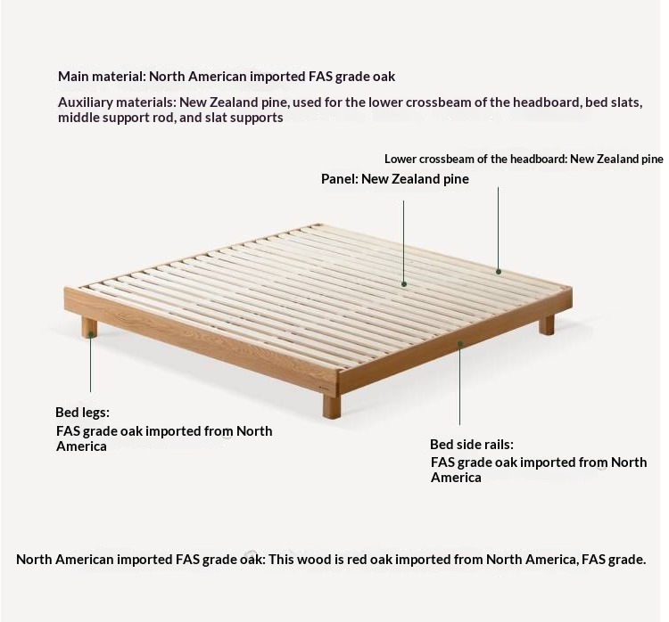 Oak Solid Wood Platform Bed, Headboard-Free Bed