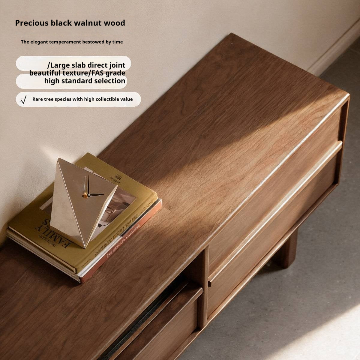 Black Walnut Solid Wood Luxury Style TV Cabinet with Slab Top and Storage