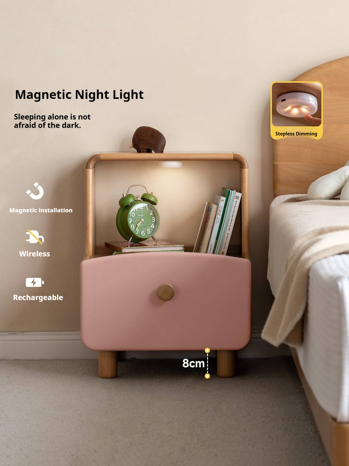 Beech Solid Wood Kids Nightstand Built-in Night Light