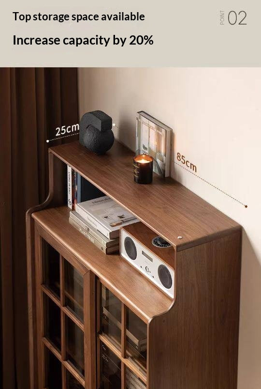 Black Walnut, Oak Solid Wood Bookcase with Storage Cabinet and Built-In Light