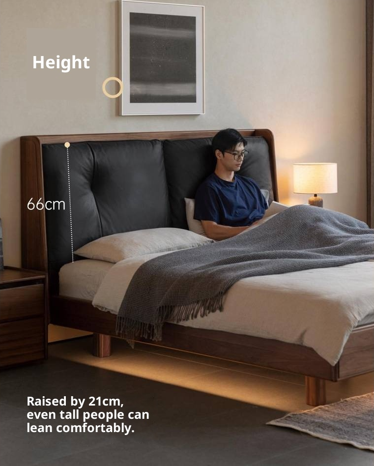 Black Walnut Solid Wood Italian Light Luxury Genuine Leather Soft Bed