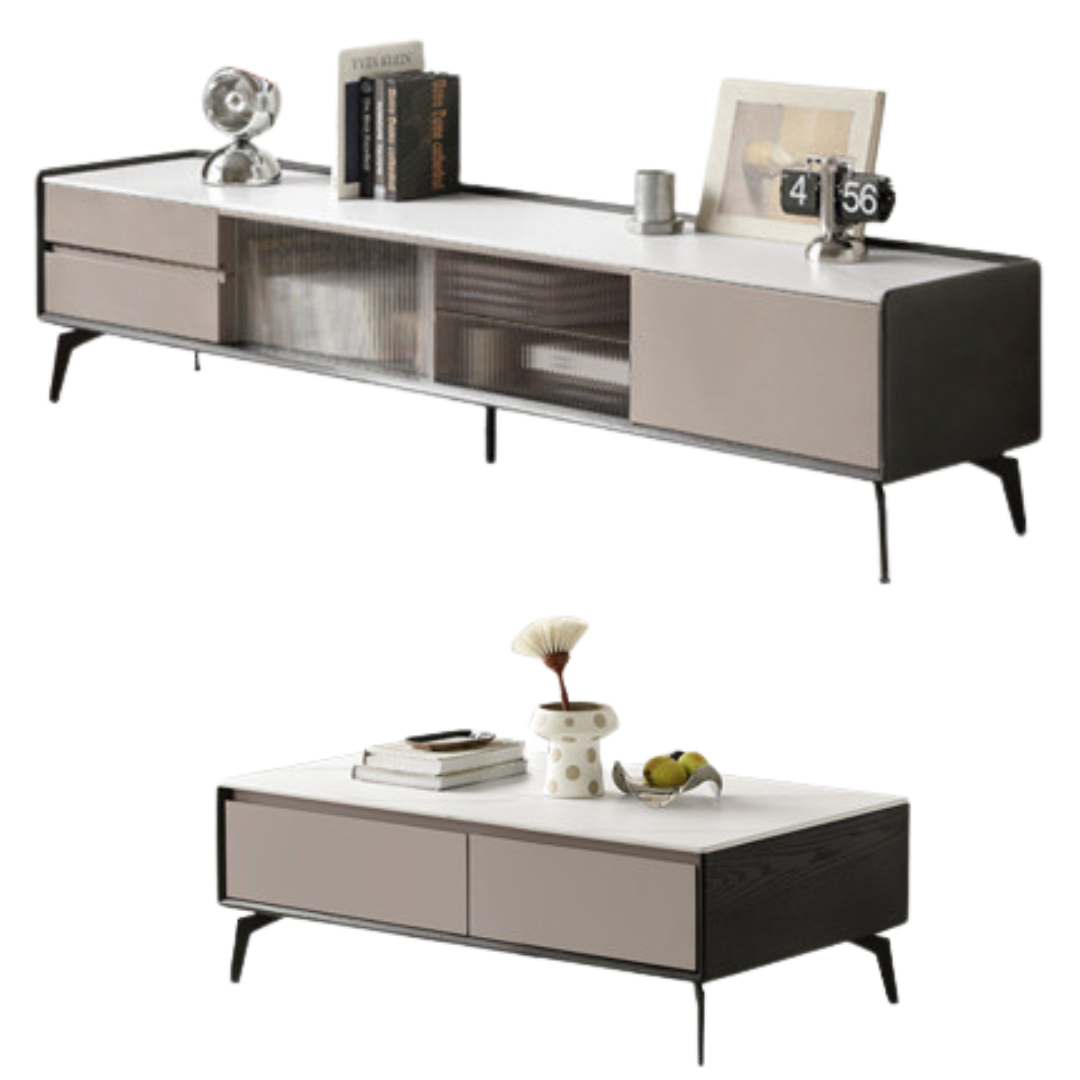 Oak Solid Wood Light Luxury Rock Slab Double Drawer TV Cabinet