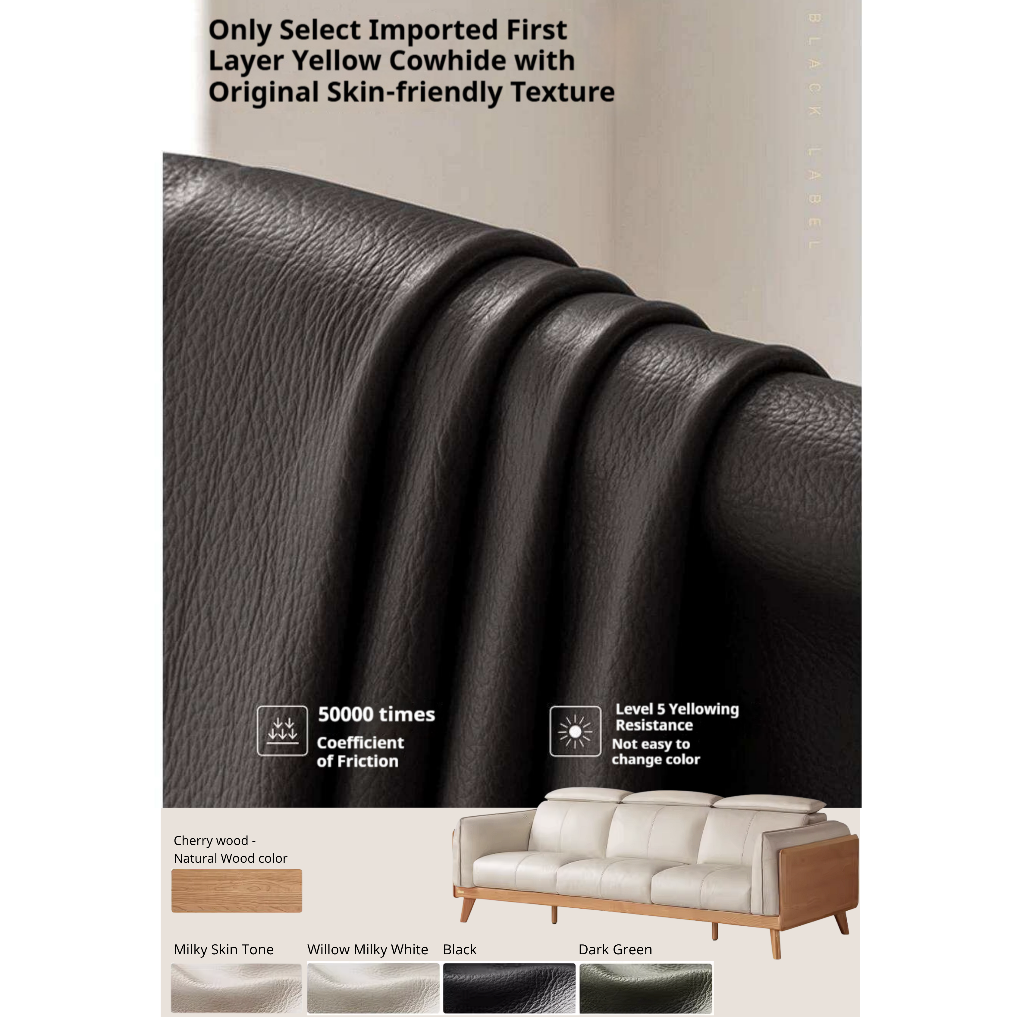 Cherry Wood Solid Wood Sofa Adjustable Headrest Genuine leather, fabric