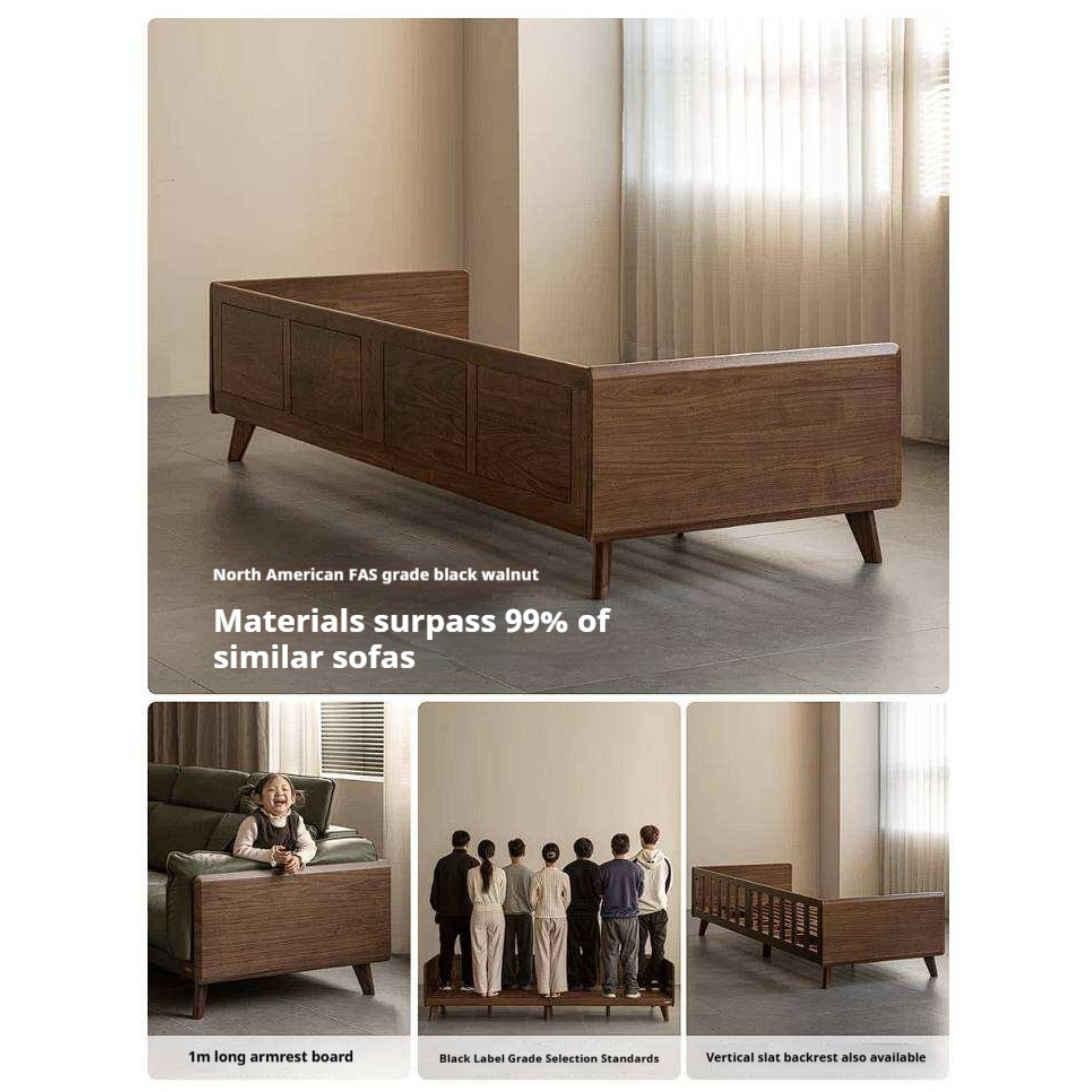 Black Walnut Solid Wood Sofa Genuine leather, fabric with Italian Light Luxury high back Design