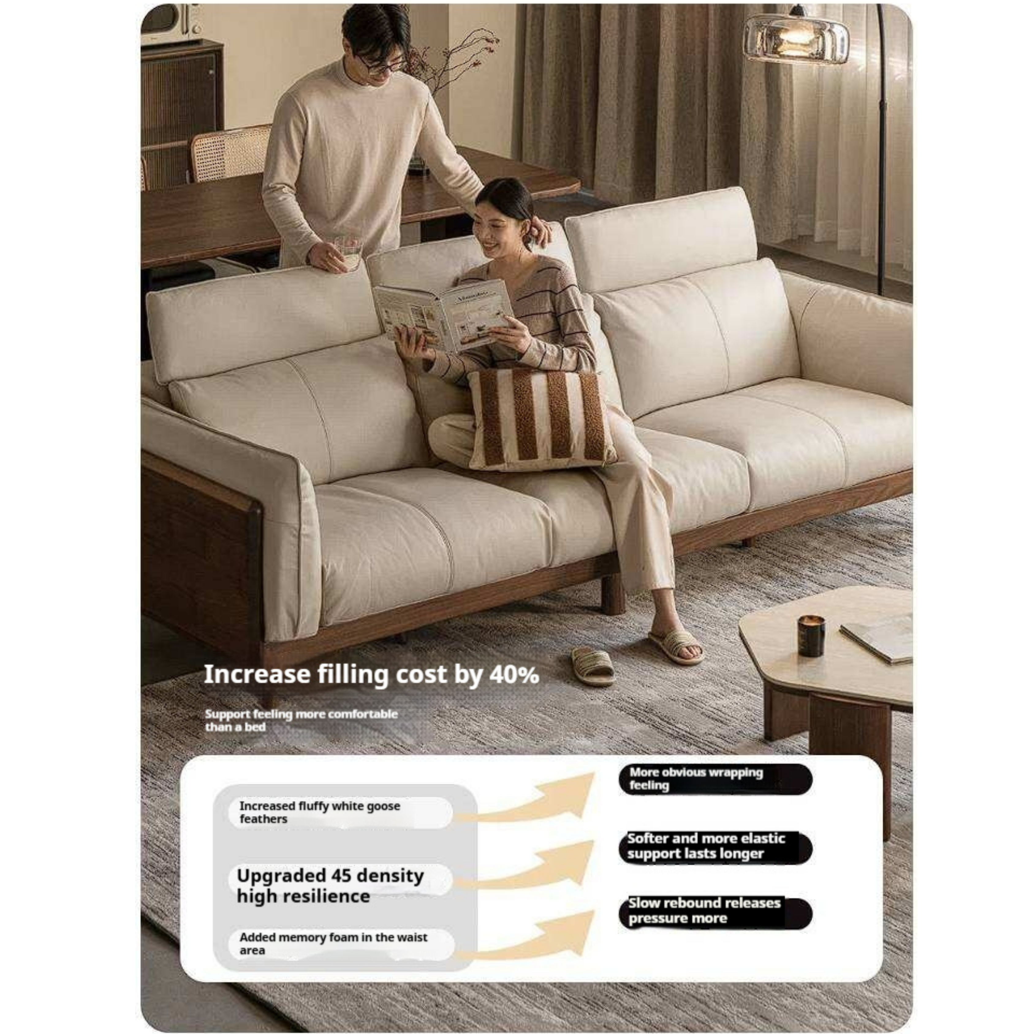 Black Walnut Solid Wood Sofa Genuine leather, fabric with Italian Light Luxury high back Design