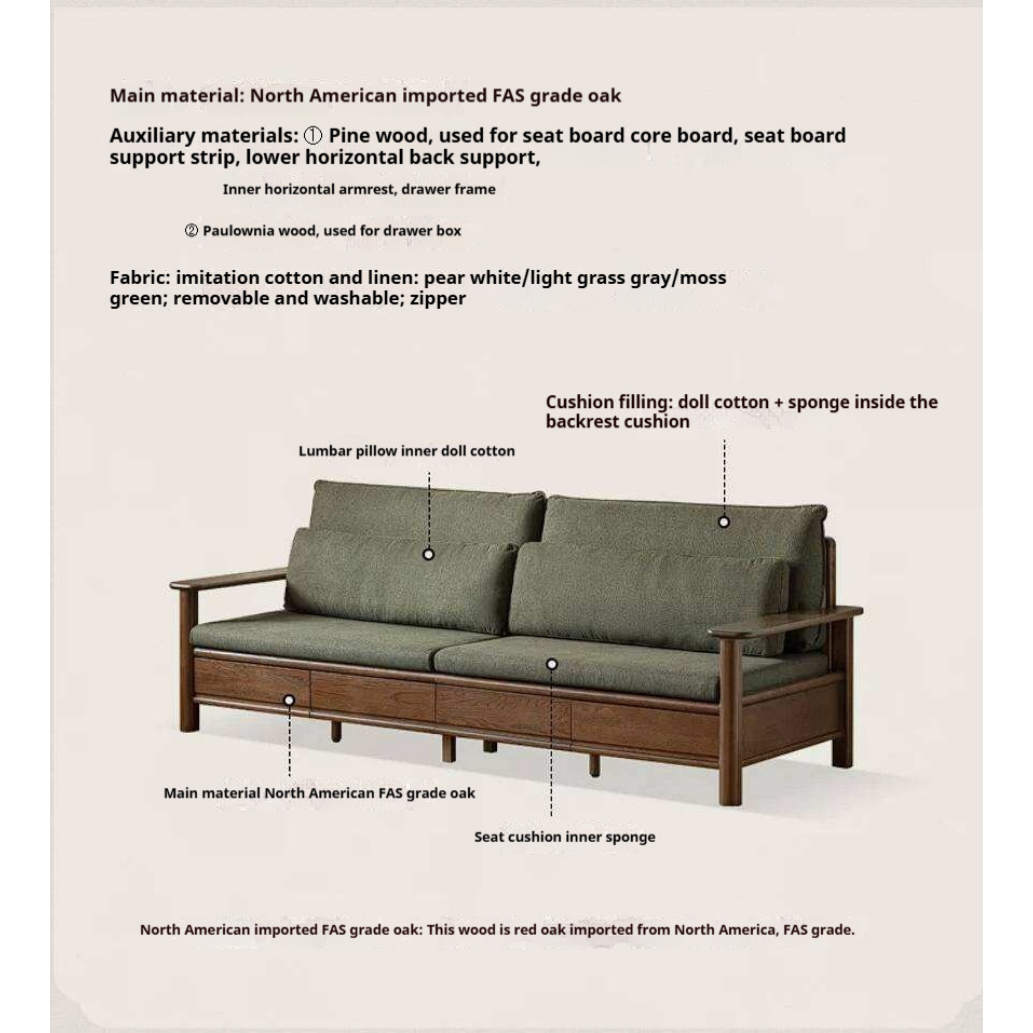 Oak Solid Wood Sofa with Storage Function Design
