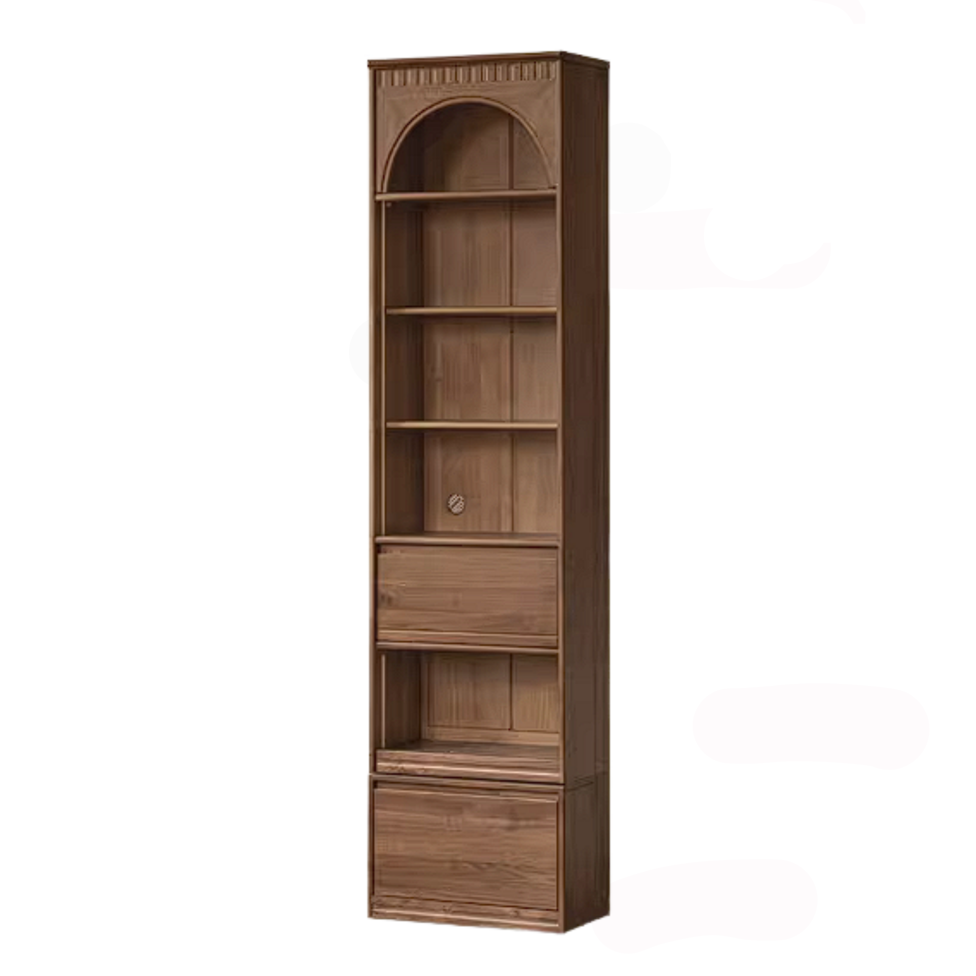 Black Walnut Solid Wood Arched Vintage Bookcase with Glass Door and Storage Drawer