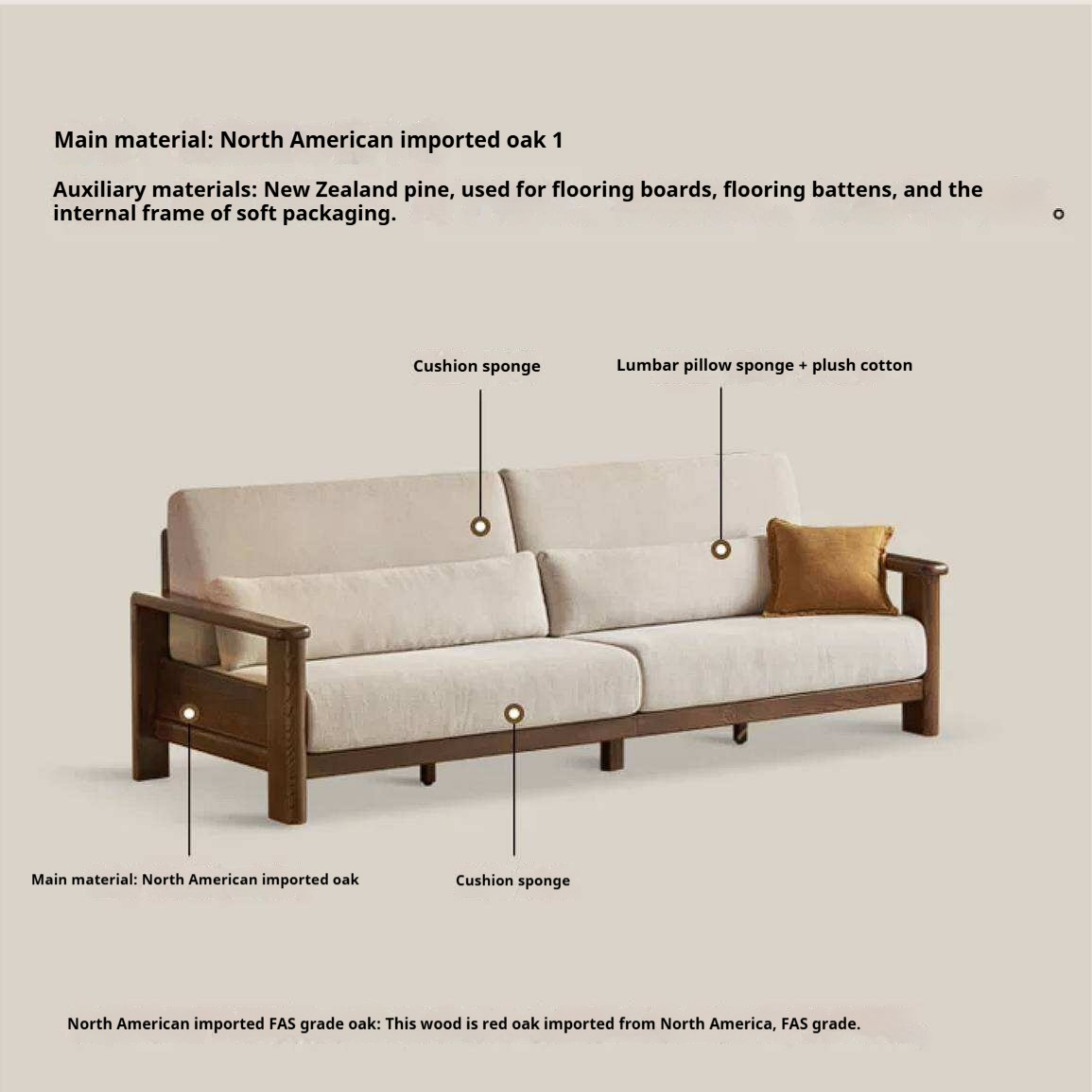 Oak Solid Wood Sofa with Modern Casual Style