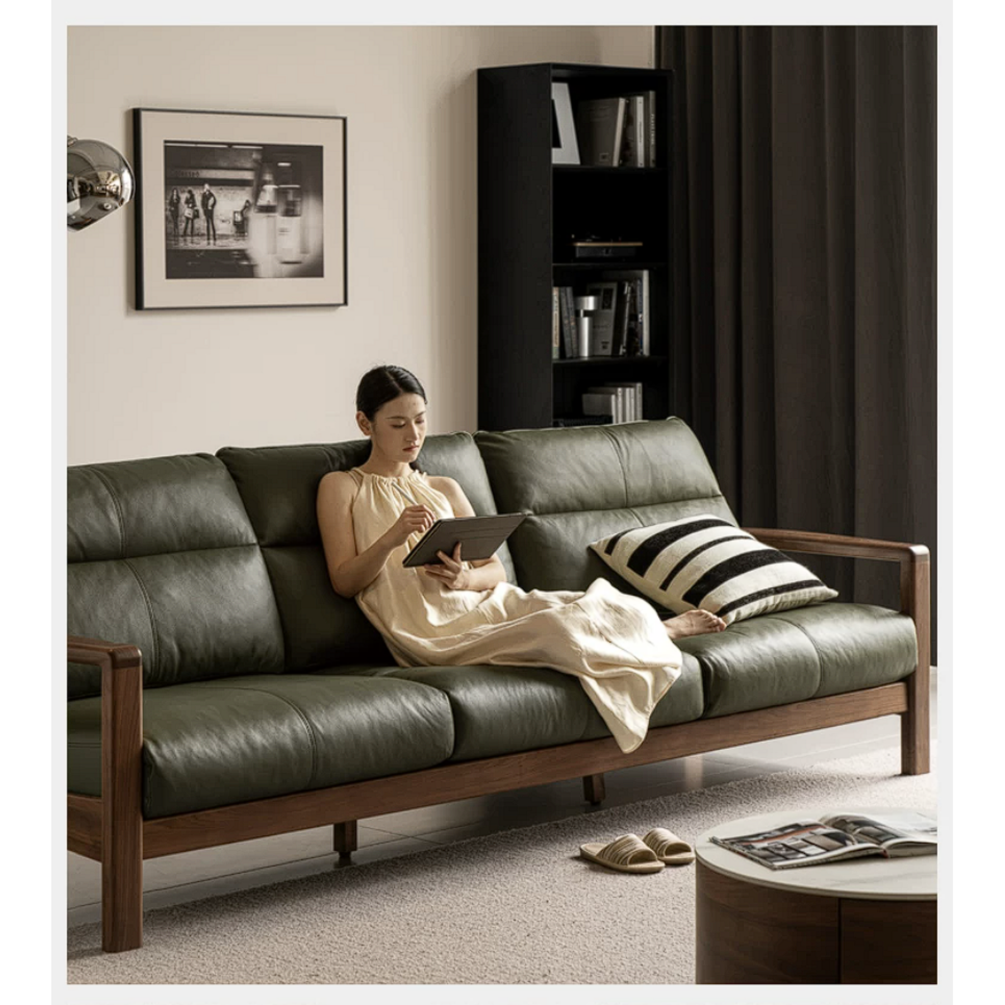 Black Walnut Solid Wood Sofa Genuine Leather with Luxury Design