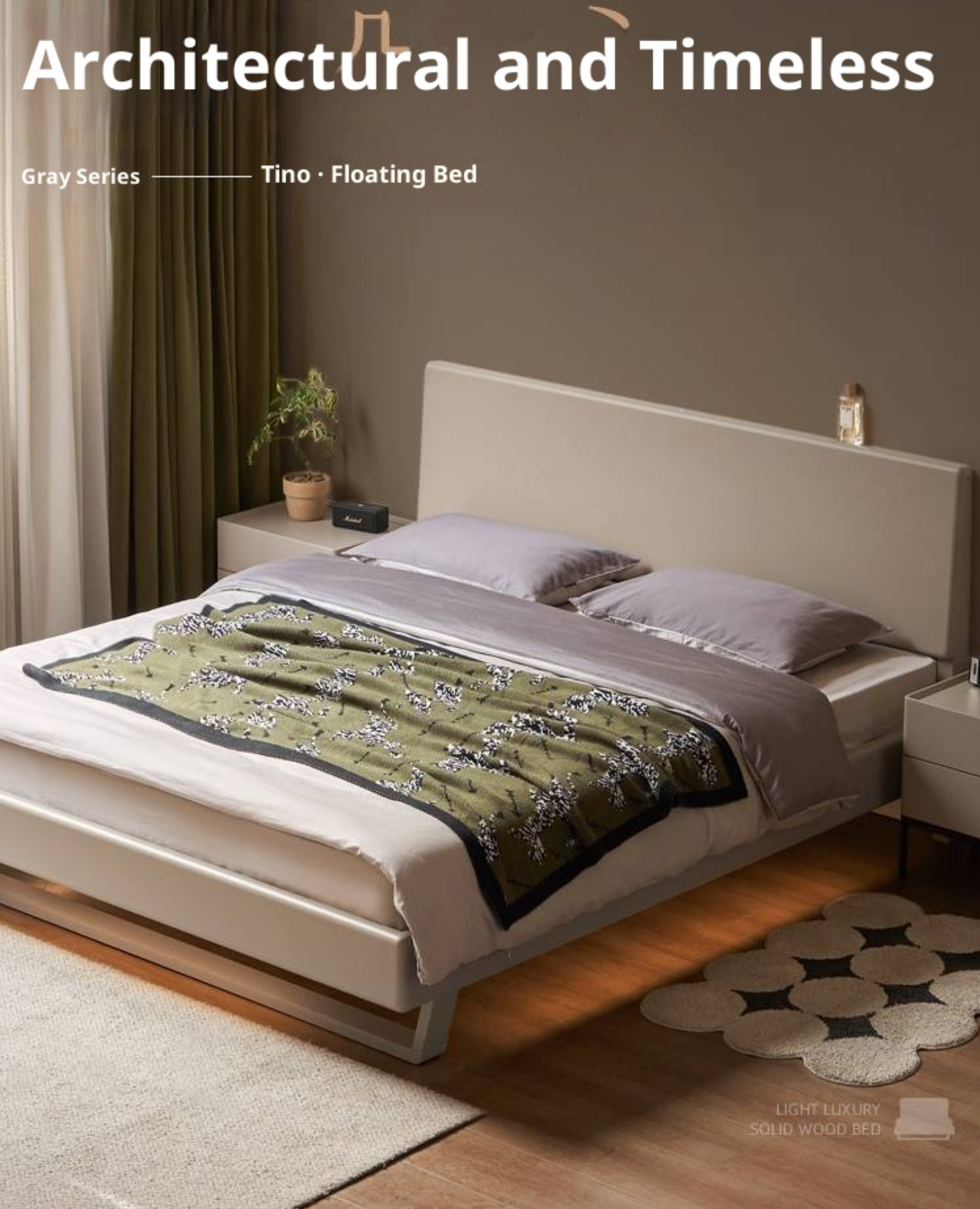 Poplar Solid Wood Floating Bed with Lights, Modern Minimalist