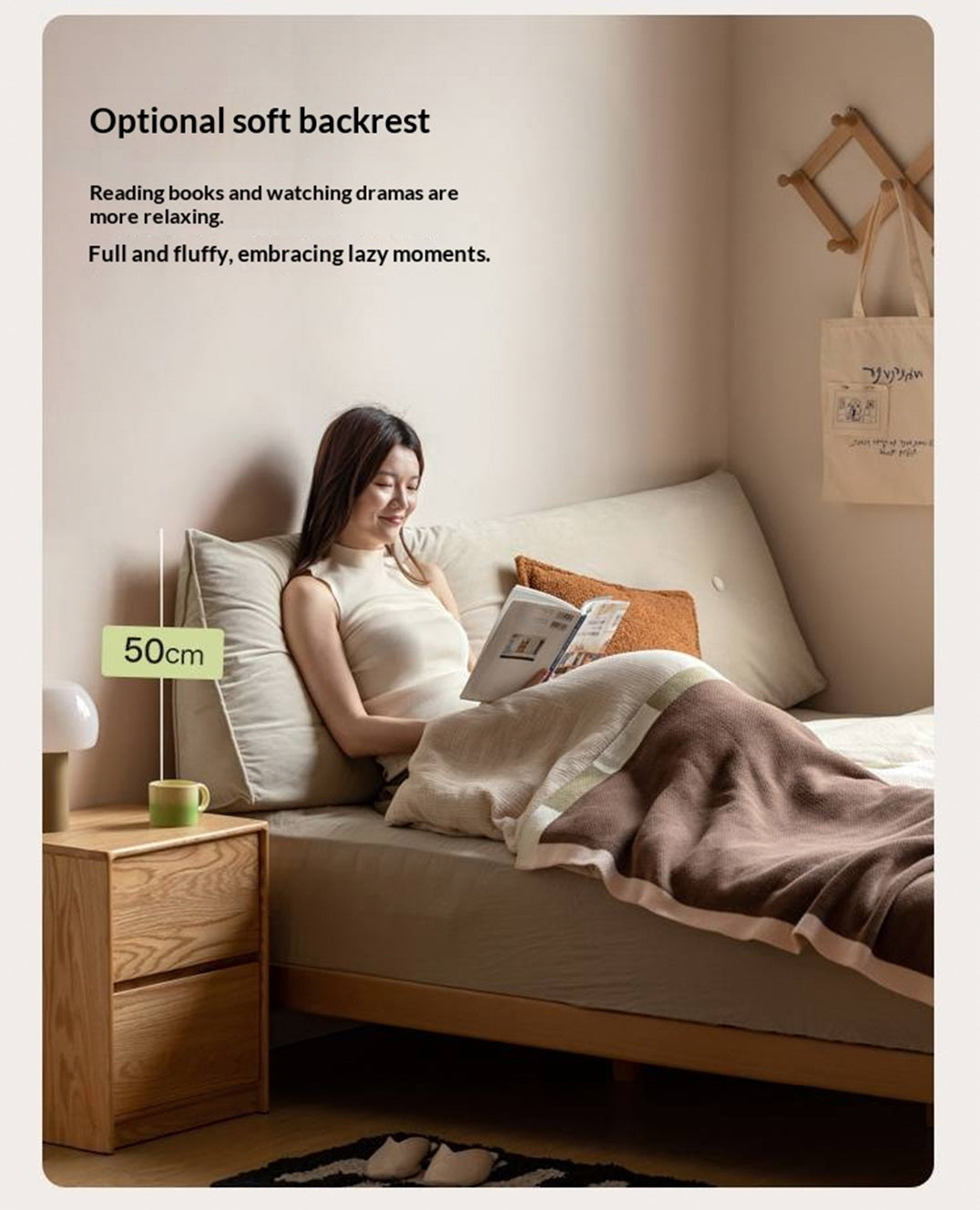 Beech, Rubberwood Solid Wood Platform Bed, Headboard-Free Bed with Flat Edge