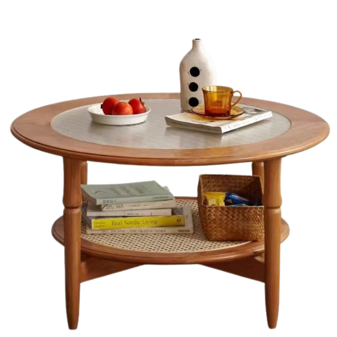 Cherry Wood Solid Wood Glass Round Coffee Table
