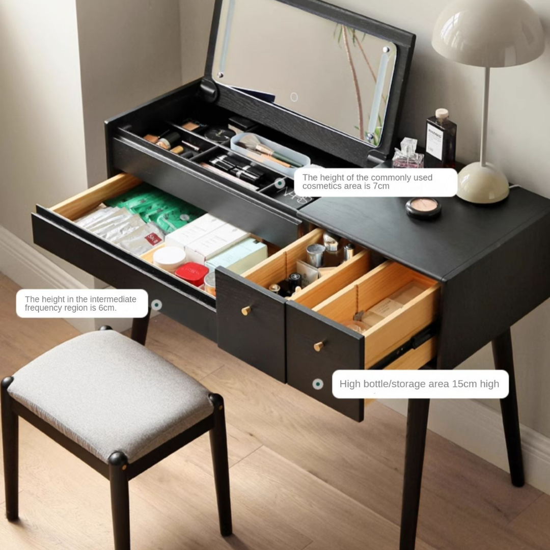 Oak Solid Wood Black Makeup Table Mirror LED Touch.