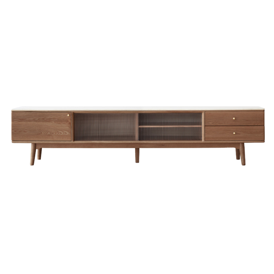 Oak, Poplar, Beech Solid Wood Sliding Door TV Stand With Rock Slab Surface.