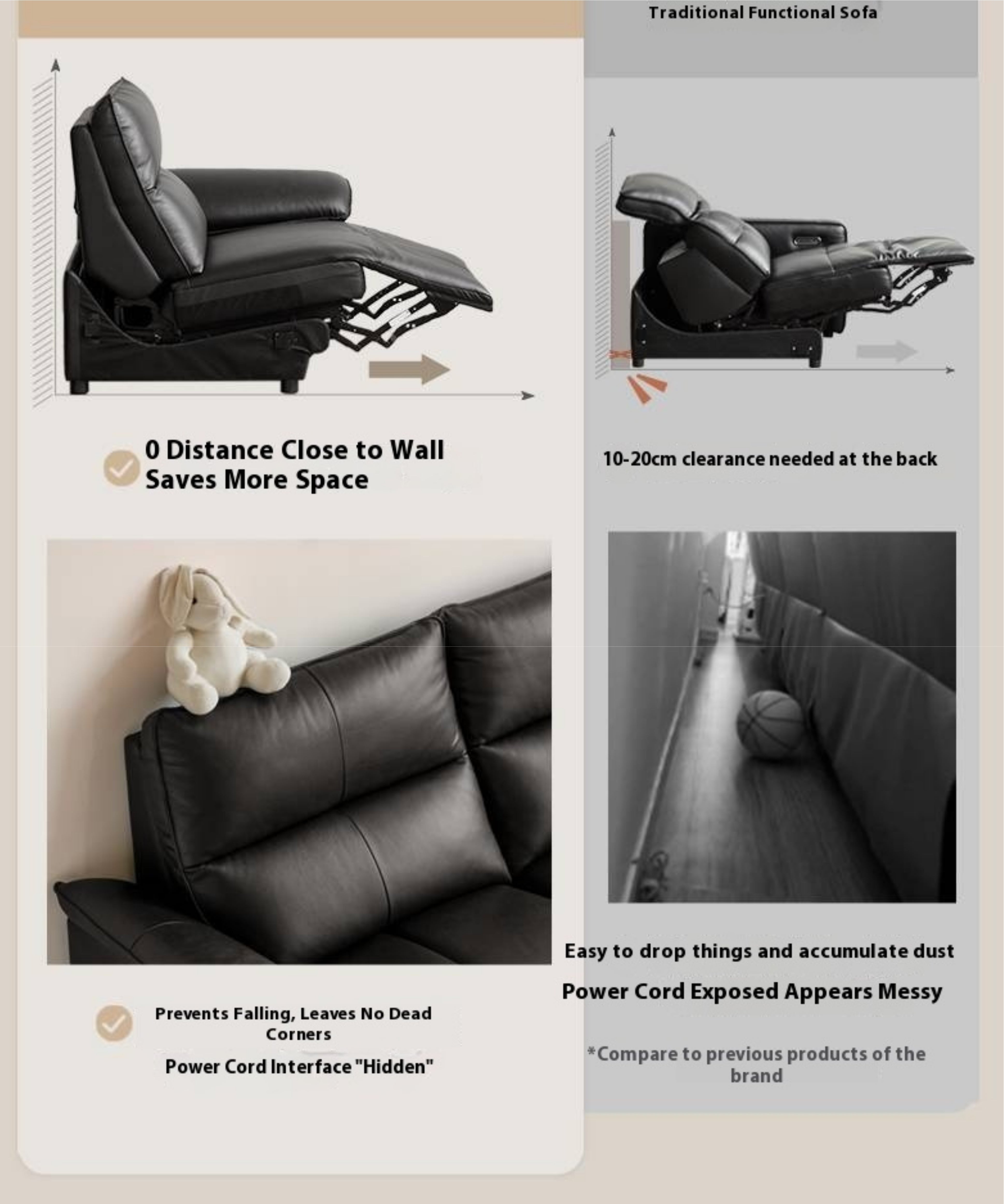 Genuine Leather Sofa Zero-Wall Electric Recliner with Extendable Function and Piano-Key Controls