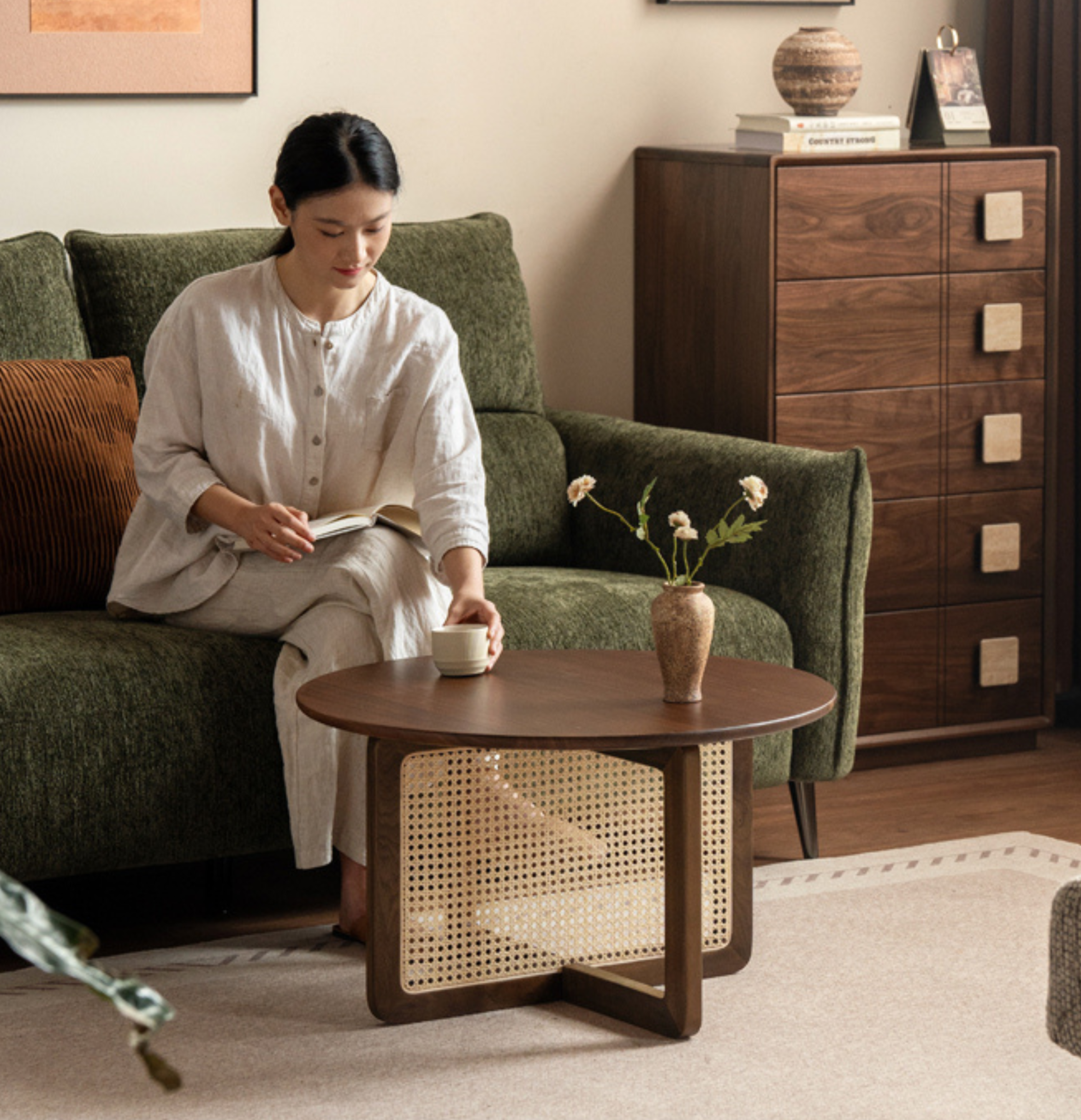 Black Walnut, Oak Solid Wood Rattan Modern Coffee Table