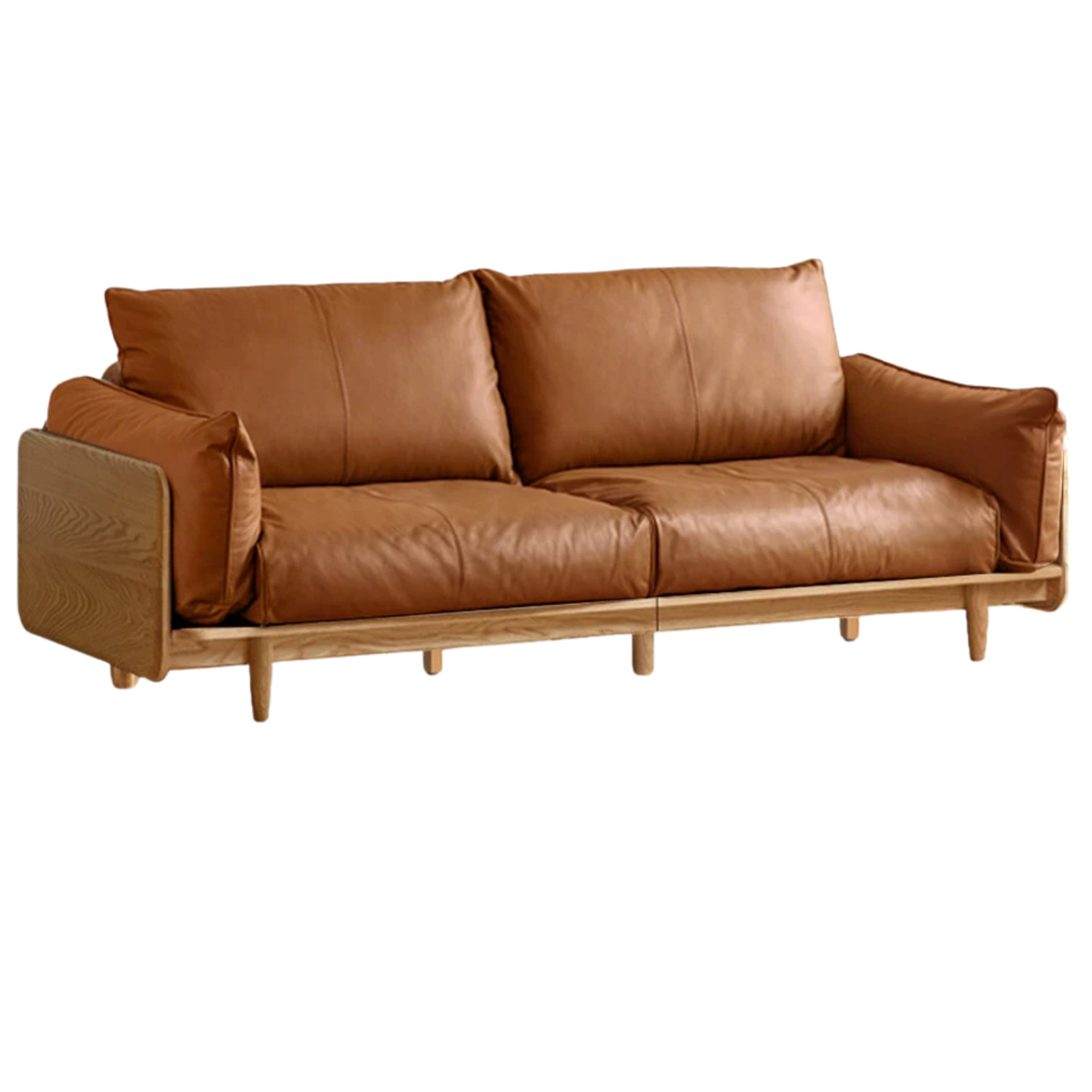 Oak, Ash Solid Wood Sofa with Exposed Wide Arms, High-Back, Genuine leather -fabric
