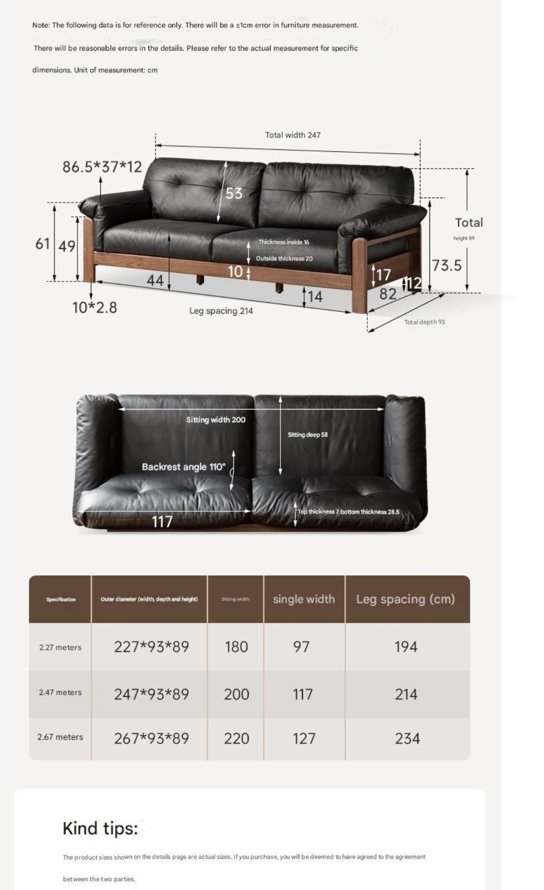 Black Walnut, Ash Solid Wood Genuine Leather, fabric Exposed Frame Sofa with Tufted Cushions