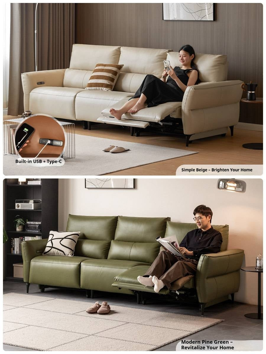 Genuine Leather Power Reclining Sofa with High Back, Single or Dual Power Recliners & USB Charging