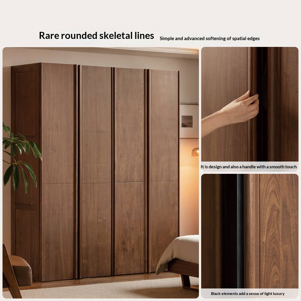 Black Walnut Solid Wood Wardrobe with Italian Light Luxury Style and Double Doors