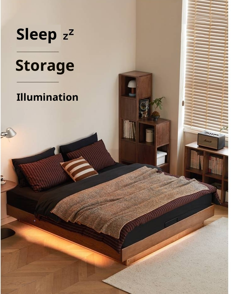 Oak Solid Wood Floating Platform Box Bed, Headboard-Free Bed with Light Modern Minimalist