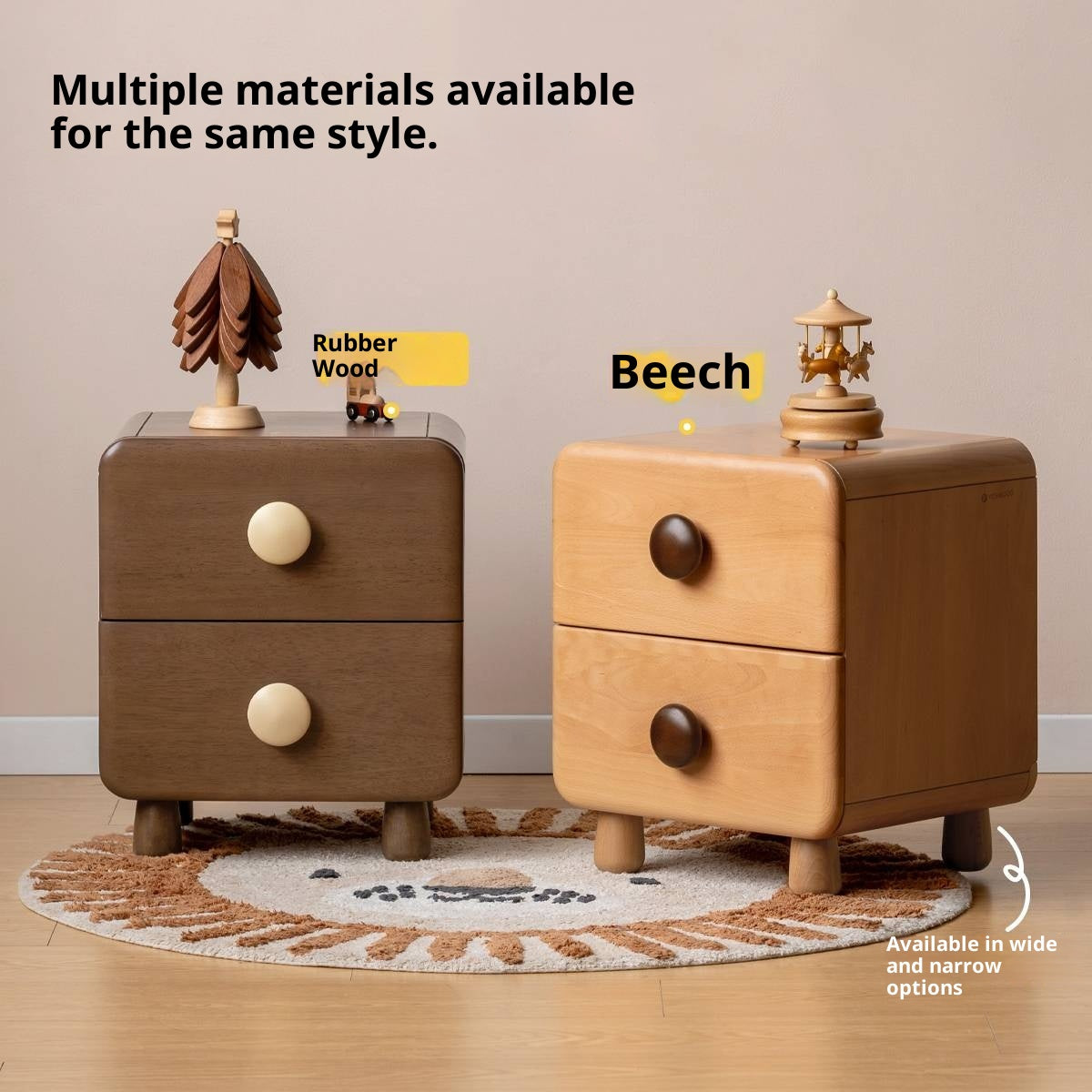 Solid Rubberwood Solid Wood Retro Style Children's Nightstand