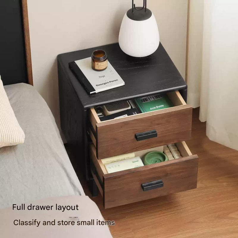 Black Walnut + Oar Solid Wood Two-Tone 2-Drawer Nightstand with Black Legs and Bar Pulls
