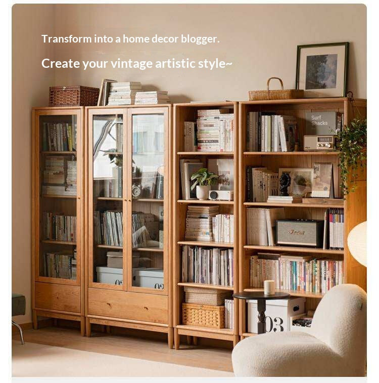 Cherry Solid Wood Freely Combinable Bookshelf with Retro Style Finish