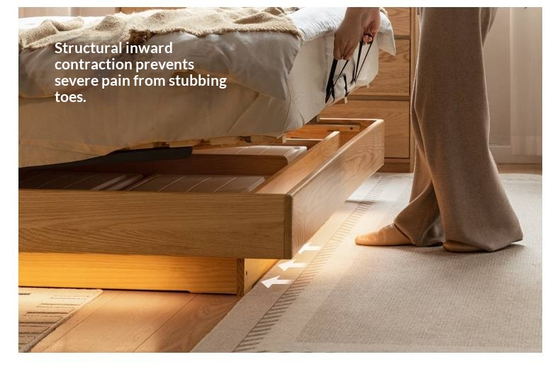 Oak Solid Wood Modern Leather Storage Bed, LED Lighting and USB Charging