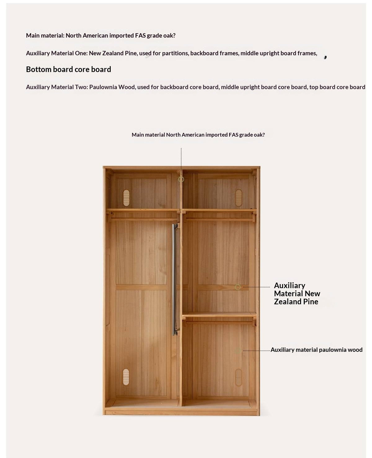 Oak Solid Wood narrow Wardrobe with Framed Panel Doors and Adjustable Layout