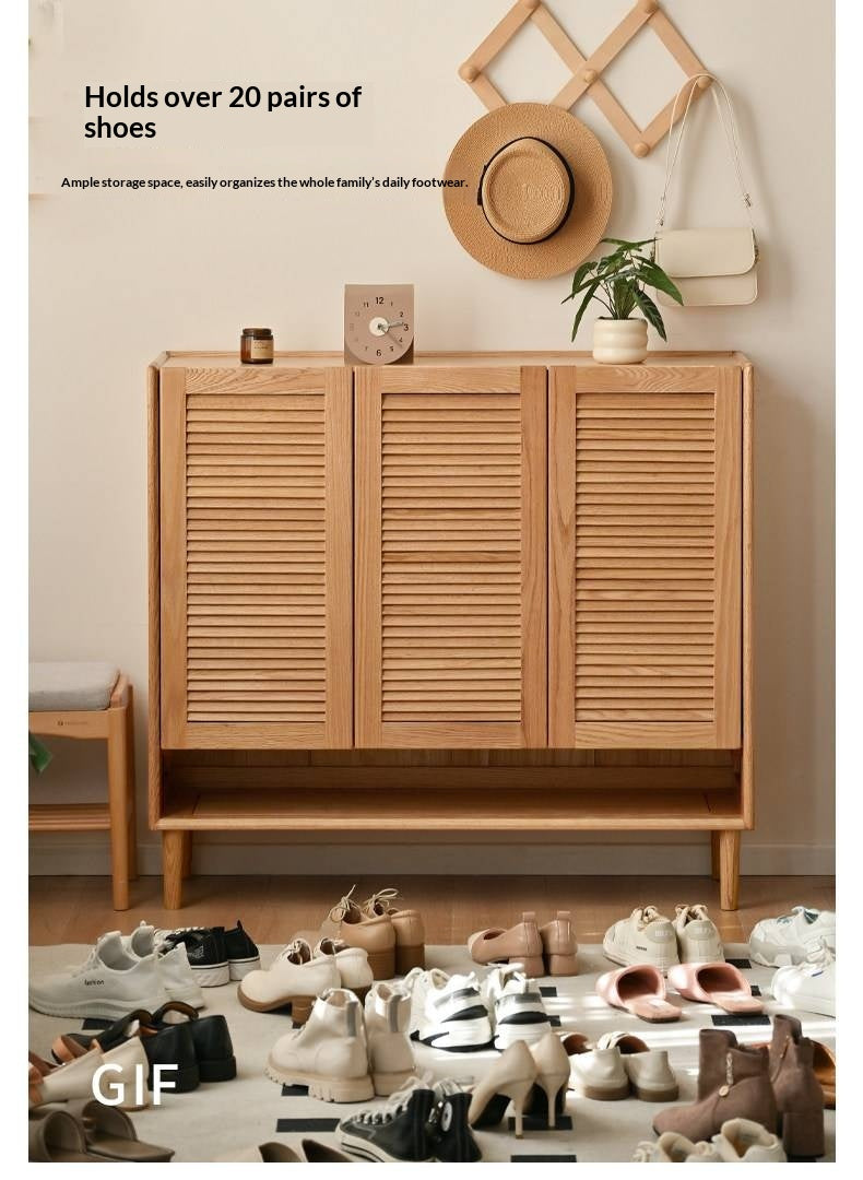 Oak Solid Wood Louvered Door Shoe Cabinet with Open Shelf for Entryway