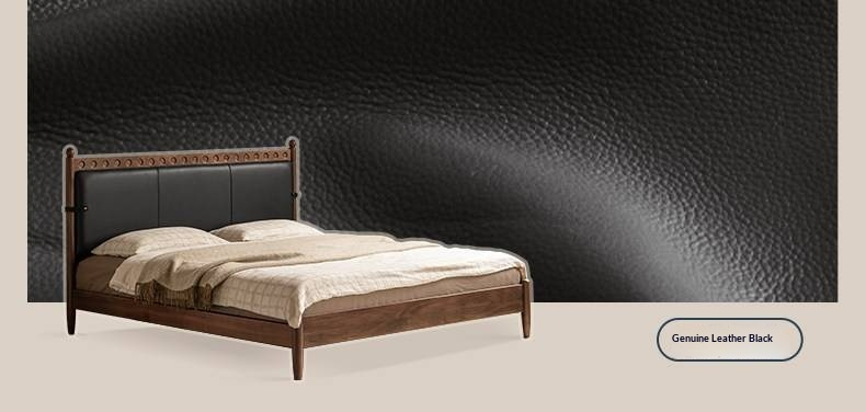 Black Walnut Solid Wood Bed — French Retro Style with Soft Backrest and Genuine Leather Upholstery