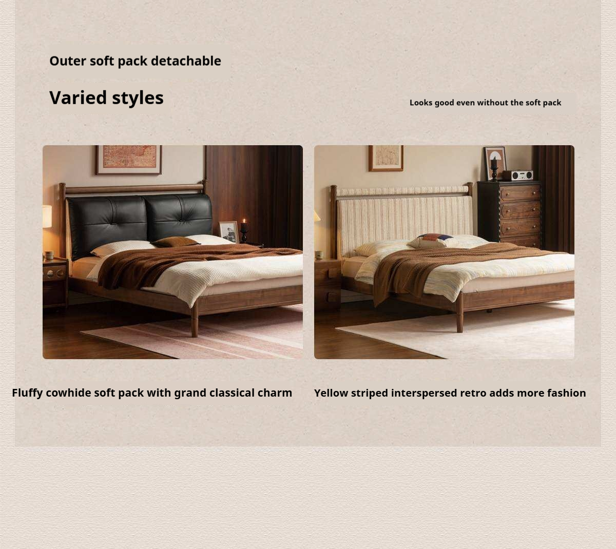 Black Walnut Solid Wood Bed with Plush Genuine Leather Cushioned Headboard