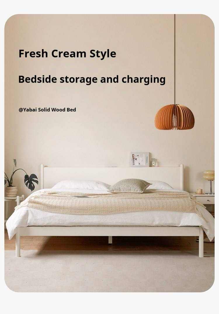 Pine Solid Wood Bed — Nordic Minimalist Cream Style Large Bed