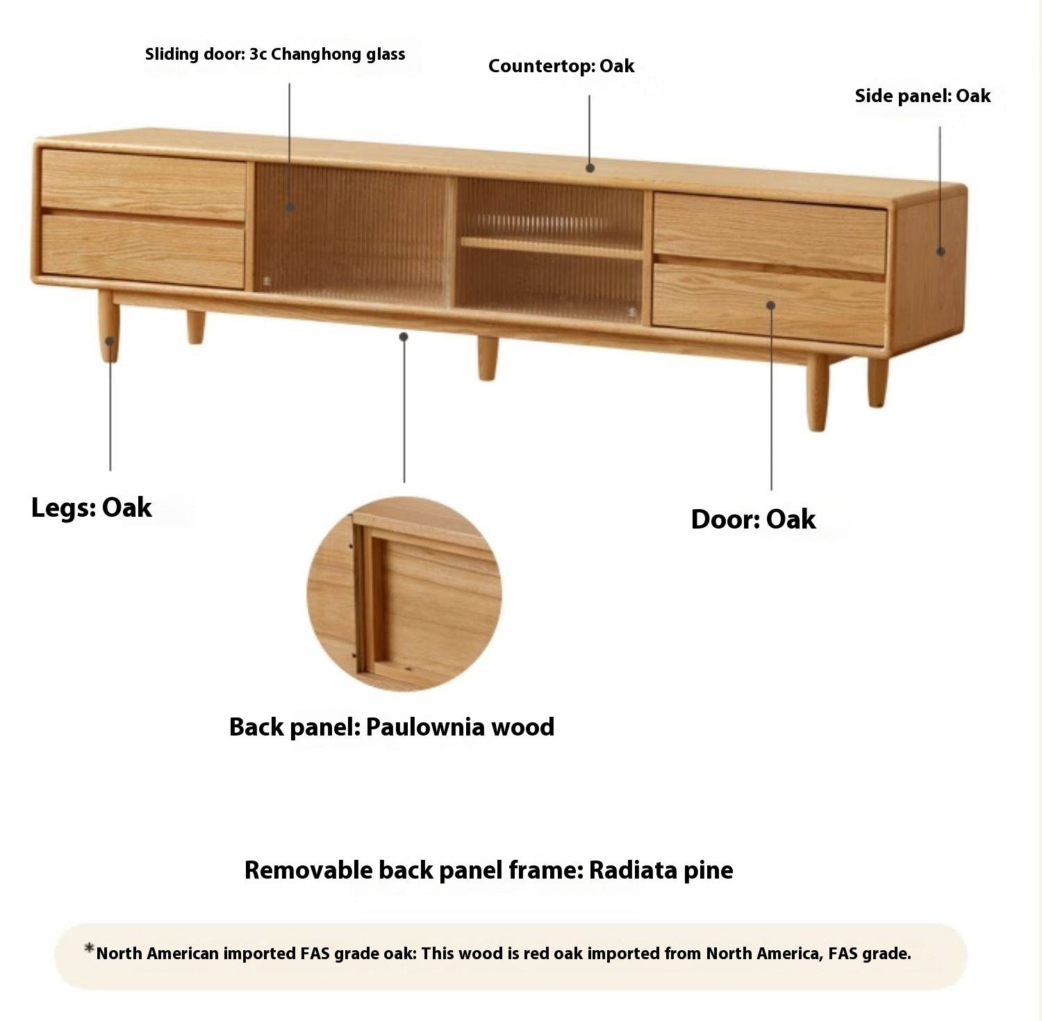 Solid Rubberwood, Oak Solid Wood Scandinavian TV Stand
