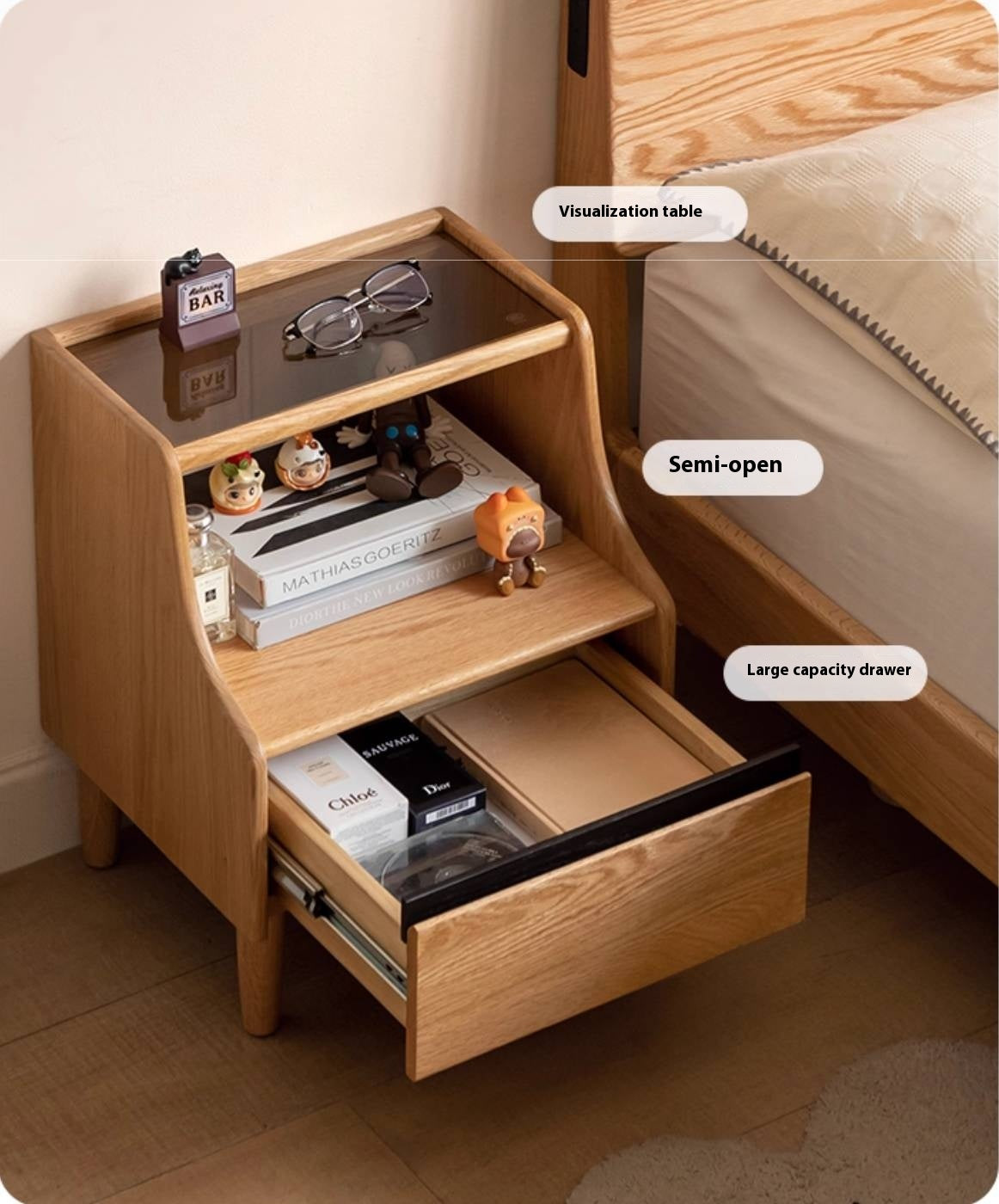 Solid RubberWood, Oak Solid Wood Nightstand with Glass Door with Storage