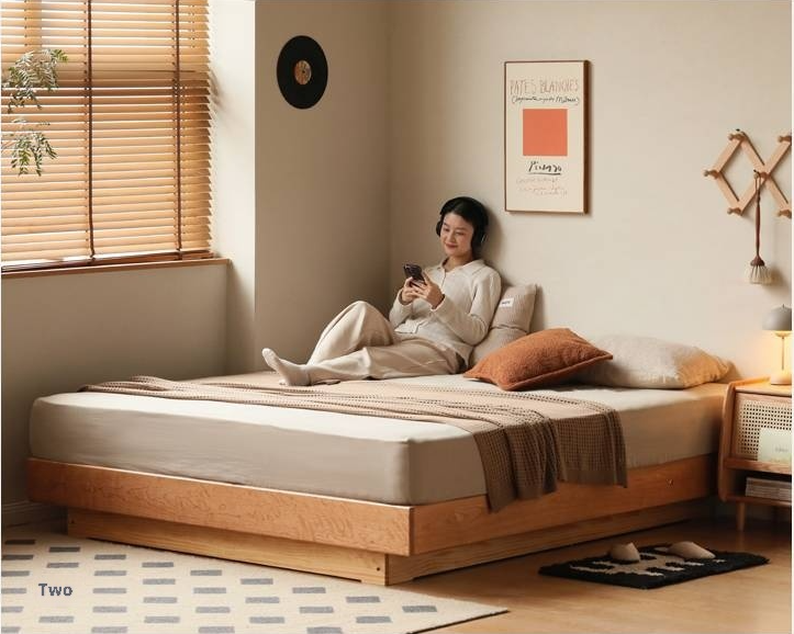 Cherry Solid Wood Floating Platform Box Bed, Headboard-Free Bed