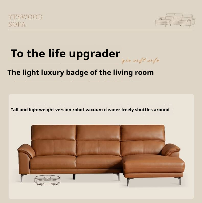 Genuine Leather Italian Minimalist Sectional Sofa – First-Layer Cowhide Corner Sofa with Chaise Lounge
