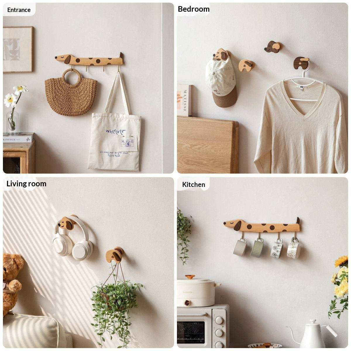 Beech, Black Walnut Solid Wood Puppy-Shaped Wall Hook with Cute Cartoon Design