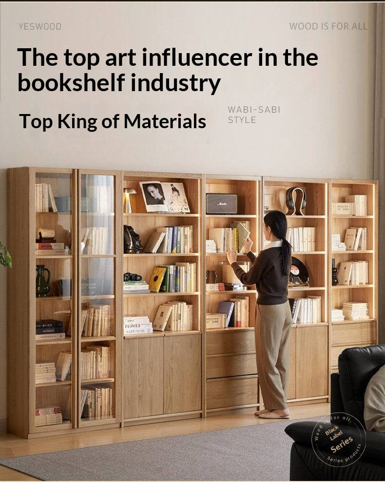 White Oak Solid Wood Bookcase and Display Cabinet with Glass Doors and Built-In Lights